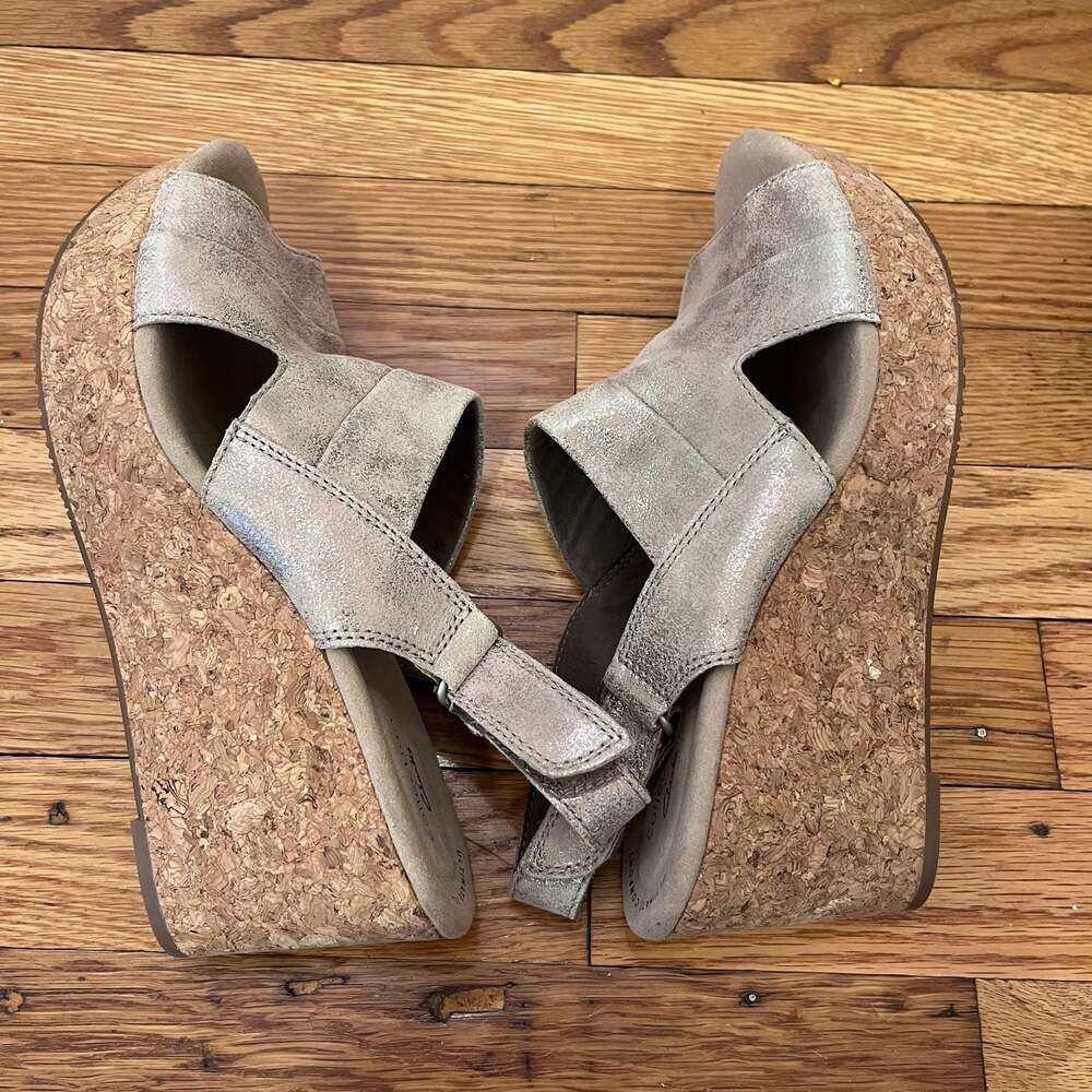 Clarks Collection Annadel Ivory Pewter Metallic Cork Wedge Sandals Size 11 - Picture 5 of 8